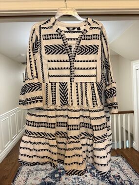 Lands' End Blue and White Geometric Tiered Mini Dress